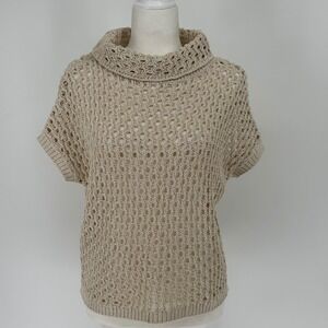 Crochet Cowl Neck Sweater Beige gold Short Sleeve L Boho Cottage Fisherman